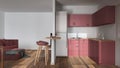 Modern wooden kitchen and living room in white and red tones. Partition wall over cabinets, island with stools. Sofa and parquet Royalty Free Stock Photo