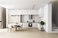 Modern wooden kitchen studio interor with sunlight