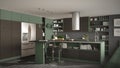 Modern wooden kitchen with wooden details, gray and green minima Royalty Free Stock Photo