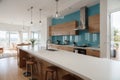 Modern wooden kitchen with wooden details and panoramic window, white and blue minimalistic interior design, sunset sunrise panora