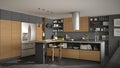 Modern wooden kitchen with wooden details, white and gray minima