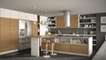 Modern wooden kitchen with wooden details, white and gray minima Royalty Free Stock Photo