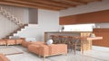 Modern wooden living room and kitchen in white and orange tones. Sofas, island with chairs and resin floor. Beams ceiling, japandi Royalty Free Stock Photo