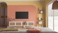 Modern wooden living room in orange tones, velvet sofa with side table, rattan commode with television, ladder shelves with books