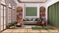 Modern wooden living room with parquet and arched windows. Fabric sofa, carpets and armchairs in white and green tones. Boho style Royalty Free Stock Photo
