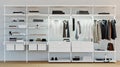 Modern wooden and metal wardrobe with men clothes hanging on rail in walk in closet design interior