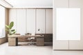 Modern office interior with blank white mock up banner on wall. 3D Rendering Royalty Free Stock Photo