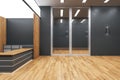 Modern wooden office lobby interior with reception desk Royalty Free Stock Photo