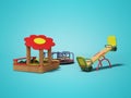 Modern wooden playground for children with sandbox and two swings 3d render on blue background with shadow Royalty Free Stock Photo