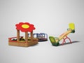 Modern wooden playground for children with sandbox and two swings 3d render on gray background with shadow Royalty Free Stock Photo