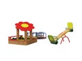 Modern wooden playground for children with sandbox and two swings 3d render on white background no shadow Royalty Free Stock Photo