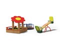 Modern wooden playground for children with sandbox and two swings 3d render on white background with shadow Royalty Free Stock Photo