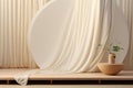 Modern Wooden Podium Side Table with Soft White Blowing Drapery Curtain Drapes in Sunlight