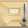 Modern wooden sauna bath with stone stove and window. Vector illustration