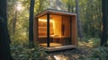 Modern wooden sauna cabin in a forest with sunlight Royalty Free Stock Photo