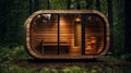 Modern wooden sauna in the forest, a small room used as a hot air or steam bath for cleaning and refreshing the body