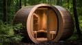 Modern wooden sauna in the forest, a small room used as a hot air or steam bath for cleaning and refreshing the body