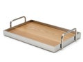 Modern wooden serving tray with metal handles isolated on white background Royalty Free Stock Photo