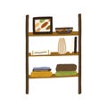 Modern wooden shelf for home items storage. Trendy furniture with vases, pots, pictures, books for living room interior