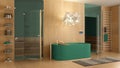 Modern wooden spa room in turquoise tones, bathroom, wellness center with bathtub, sauna room with glass doors, rack, towels, Royalty Free Stock Photo