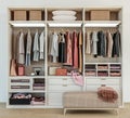 Modern wooden wardrobe with clothes hanging on rail in walk in closet design interior Royalty Free Stock Photo
