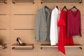 Modern wooden wardrobe with clothes and shoes Royalty Free Stock Photo