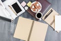 Modern wooden workplace with smartphone and coffee Royalty Free Stock Photo