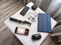 Modern Work Desk With Electronic Devices and Accessories. A set of useful blogger devices Royalty Free Stock Photo