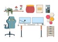 Modern work-from-home office setup 2D cartoon objects set Royalty Free Stock Photo