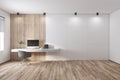 Modern work space in stylish sunny room with eco interior design, wooden wall and floor, marble console and black chair