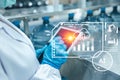 Modern worker using computer tablet AI application software on handheld device help control operating drinking water factory plant