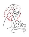 Modern working woman. curly Girl in glasses. Artist with a stylus. Student in class. Bright gradient hair. Lefty. Vector