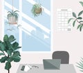 Modern workplace with chair, table, notebook, window, and plants. Empty home office interior. Nobody in cabinet space Royalty Free Stock Photo