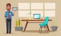 Modern workplace. Creative character. Office work. Cartoon vector illustration