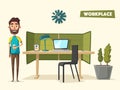 Modern workplace. Creative character. Office work. Cartoon vector illustration