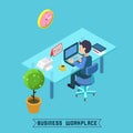 Modern Workplace. Isometric Office. Businessman at Work