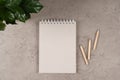 Modern workplace with recycled paper spiral blank notebook and wood pencils on gray desk background. Top view Royalty Free Stock Photo