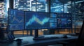 Modern workplace showing analytics and data on multiple computer screens at night Royalty Free Stock Photo