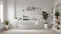 Modern workroom with a sleek, white desk and a collection of minimalist storage solutions. Close up Royalty Free Stock Photo