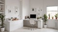 Modern workroom with a sleek, white desk and a collection of minimalist storage solutions. Side view Royalty Free Stock Photo