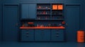 Modern Workshop Interior with Organized Shelves and Tools in Vibrant Blue and Orange Palette Royalty Free Stock Photo