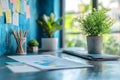 close up of a modern home office desk with documents pencils sticky notes and green plants near a window with natural light Royalty Free Stock Photo