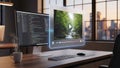 Modern Workspace with Code and Nature Video on Floating Screen Display Royalty Free Stock Photo