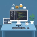 Modern workspace with computer, coding interface, and development tools Royalty Free Stock Photo