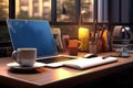 Modern workspace with computer coffee cup, workspace office room meeting table lid opened computer laptop background blank, Ai Royalty Free Stock Photo