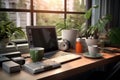 Modern workspace with computer coffee cup, workspace office room meeting table lid opened computer laptop background blank, Ai Royalty Free Stock Photo