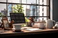 Modern workspace with computer coffee cup, workspace office room meeting table lid opened computer laptop background blank, Ai Royalty Free Stock Photo