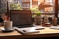 Modern workspace with computer coffee cup, workspace office room meeting table lid opened computer laptop background blank, Ai Royalty Free Stock Photo