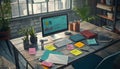 modern workspace with computer displaying charts and graphs surrounded by plants notebooks sticky notes and office supplies on woo Royalty Free Stock Photo