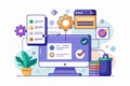 A modern workspace with a computer displaying coding elements, gears, and checklists for pull request customization, Pull request Royalty Free Stock Photo